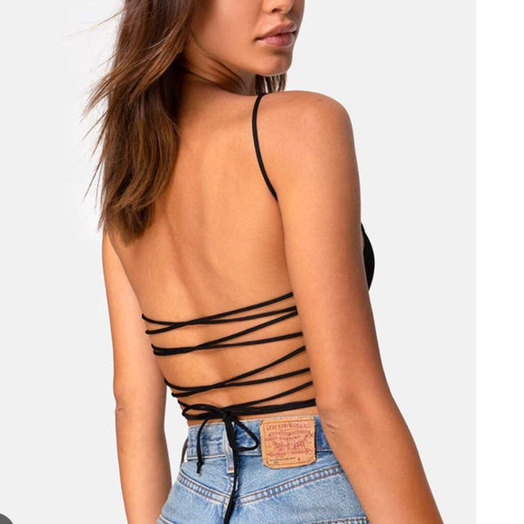 Motel Ozca black strappy open back satin crop top, XS - Picture 2 of 11